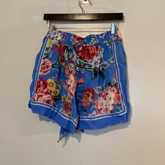 Anthropologie Maeve Scarf Print Floral stretchy tie waist viscose pocket Short s - Picture 8 of 12